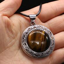 38x42mm Natural Crystal Agate Semi-Precious Stone Round Pendant, Gemstone Inlaid Alloy Abalone Shell Necklace - Water Drop Natural Stone Pendant - View 13