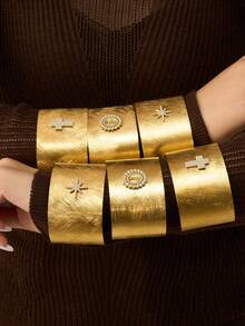 1 pieza Brazalete de acero inoxidable con circonita 5A, brazalete de aro abierto con cruz de oro 18K, joyería personalizada exagerada de estilo europeo y americano - Pulsera exagerada y única - Ver 5