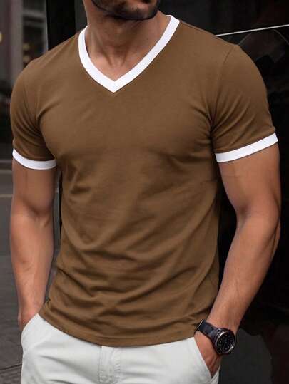 Men's Contrast Color V-Neck Short Sleeve T-Shirt, Vintage Casual Solid Color Top For Summer