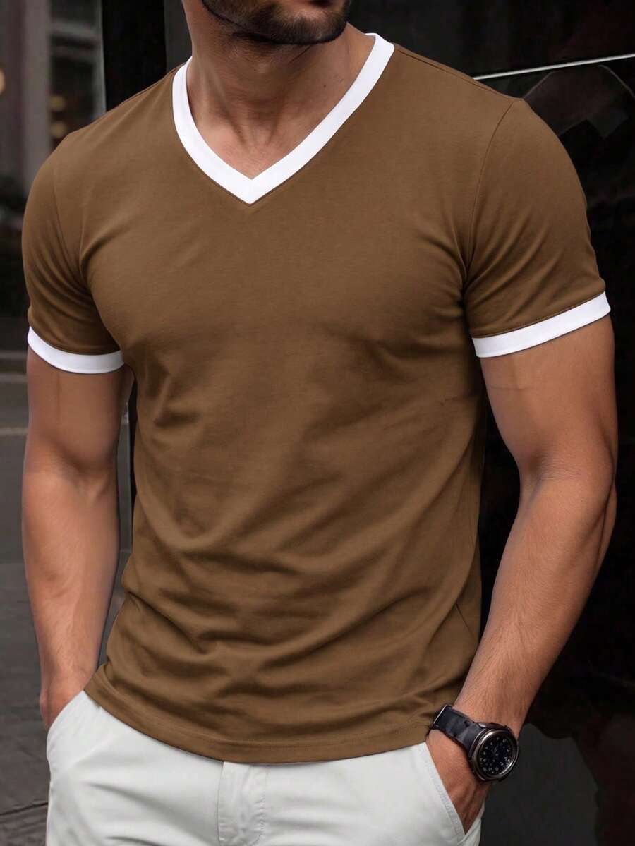 Men's Contrast Color V-Neck Short Sleeve T-Shirt, Vintage Casual Solid Color Top For Summer