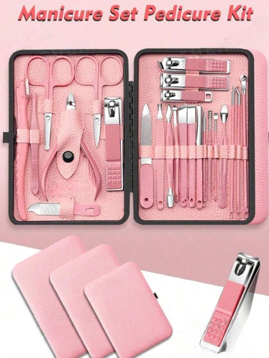 18/24pcs Green Manicure & Pedicure Set, Stainless Steel Pink Nail Clippers, Cuticle Scissors, Nail Files, With Durable Storage Box, Nail Care Accessories For Toenail Grooming - Pink - View 1