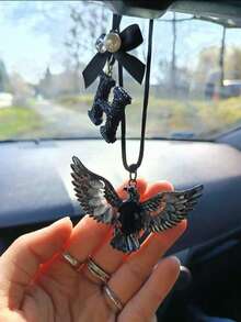 Car Hanging Ornament, Rearview Mirror Pendant, Black Crystal & Opal Wings Car Charm, Gothic Style Car Interior Decor, Premium Metal Accessory, Cool Car Accessory, Unique Driver Gift - A - View 2