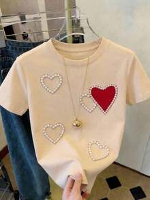Women's Short-Sleeved Crew Neck T-Shirt, Loose Fit, Casual And Versatile. Featuring A Modern, Elegant And Sophisticated Simple Letter Print, Ideal As A Wardrobe Staple; Made From Soft Fabric With A Beautiful Drape. Vintage Street Style Unisex Loose Cotton Short Sleeve Crew Neck T-Shirt - 杏 - 查看 6
