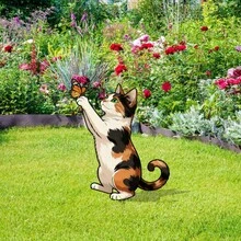 2D Flat, 1pc Acrylic Cat Chasing Butterfly Garden Decor Stake, Cute Animal Decoration For Outdoor Patio, Lawn, Garden - A - View 2