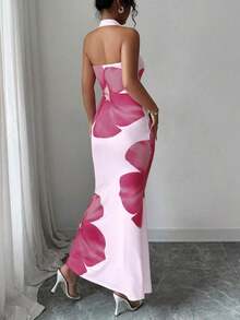 Vestido midi estampado de verano 2025 para mujer, con cuello halter y cintura ajustada. - Púrpura malva - Ver 8