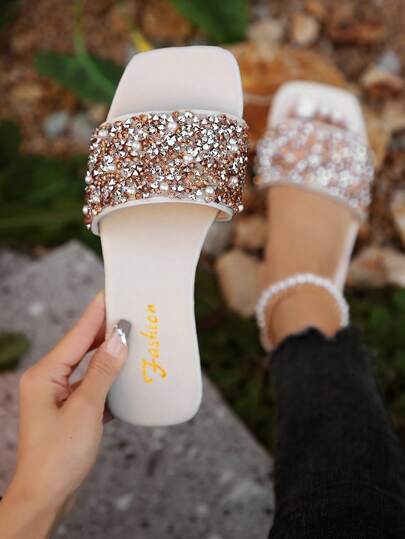 Sandal đế bằng mùa hè dành cho nữ, đính pha lê, mũi vuông.