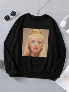 Plus Size Women's Casual Retro Portrait Print Crew Neck Sweatshirt, Suitable For Spring, Autumn And Winter Black - Black - View 2