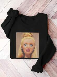 Plus Size Women's Casual Retro Portrait Print Crew Neck Sweatshirt, Suitable For Spring, Autumn And Winter Black - Black - View 3