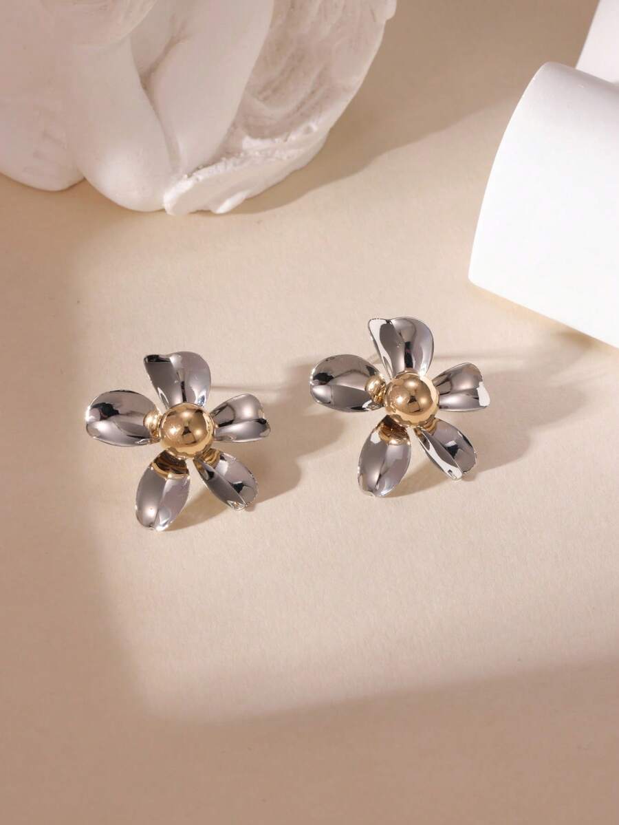 1 par de pendientes de botón con diseño de hoja y pétalo de flor minimalista de metal, pendientes elegantes y únicos para mujeres - Multicolor - Ver 1