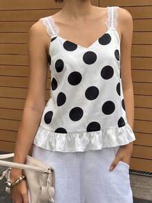 Women Dot Print Camisole Tops Lace Trim Spaghetti Strap V Neck Ruffled Hem Backless Cami Tops For Summer Going Out - 白色 - 查看 3