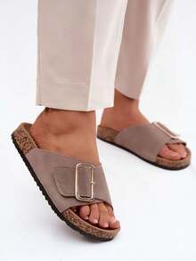 Elegant And Comfortable Women's Suede Slippers Made Of Natural Leather, On A Cork Sole, With A Gold Buckle And Contoured Insole, Ideal For Summer Black Beige Green - Khaki - View 10