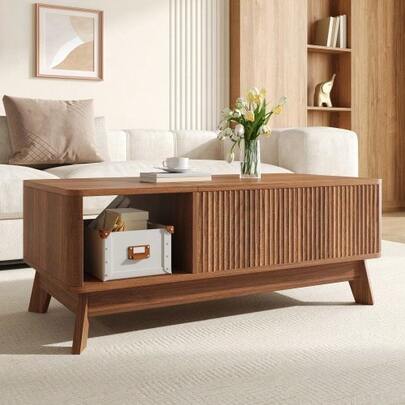 Couchtisch mit Hubfunktion, Wellenoptik, offenes Seitenfach, material MDF, estilo moderno