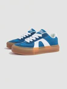 1 双 Jifffly 男士解构蓝白织物合成革运动鞋，防滑耐穿，缓震支撑，低帮休闲街头工业风 - 藍色 - 查看 1