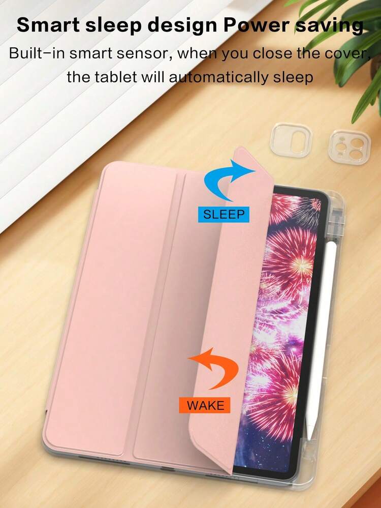 Bao da máy tính bảng gấp ba chống rơi, tương thích với iPad, có khe cắm bút bằng acrylic trong suốt cao cấp, màu hồng. - Hồng - Xem 3