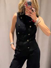 TF.MLN 時尚立領繩結裝飾女款背心 春季新品 百搭穿搭風格 女士夾克 黑色 夏季 - 黑色 - 查看 7