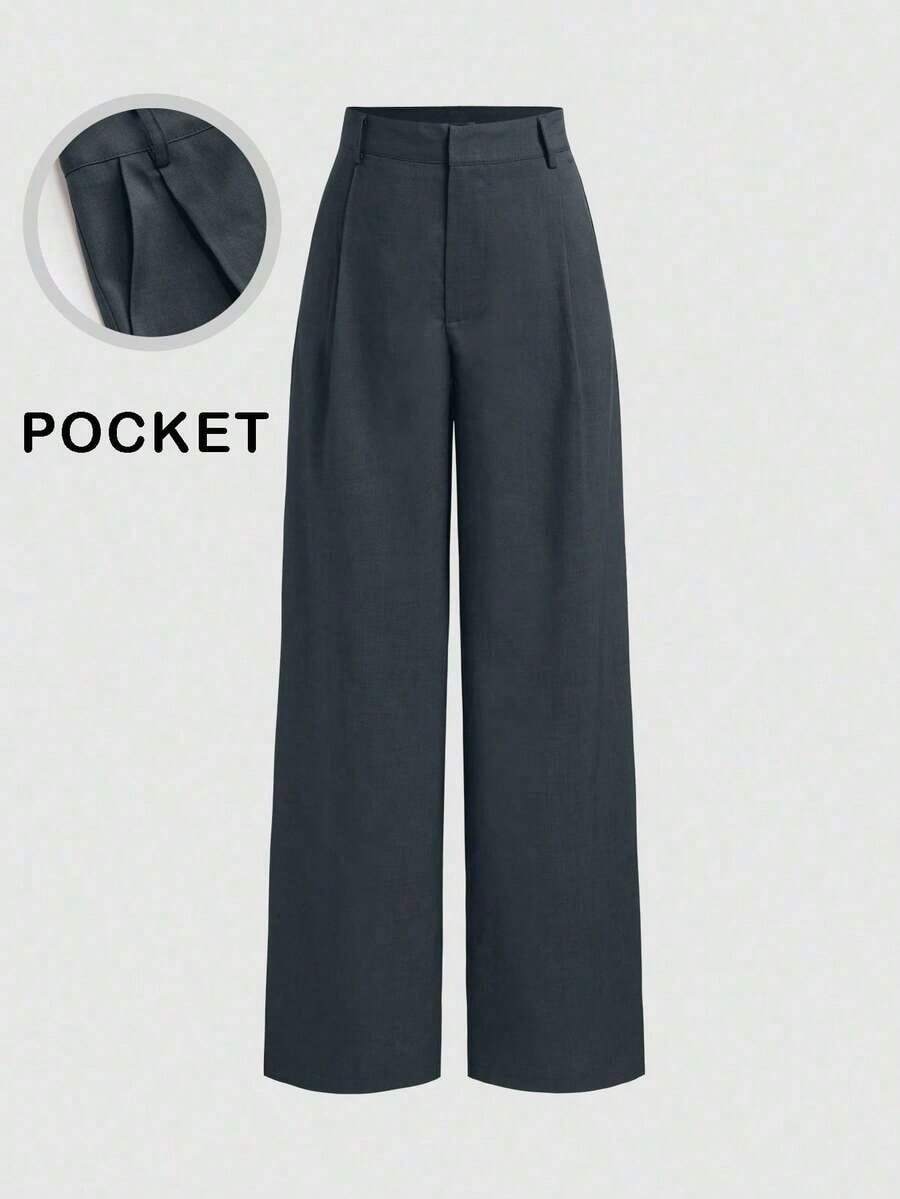 Mono de diseño minimalista Vela Rue con cierre de gancho y cremallera, pantalones anchos de color azul marino sólido semitransparente y ligeros, pantalones anchos de moda para todas las estaciones - Gris - Ver 1