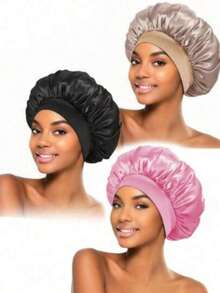 1顶女士宽檐高弹力帽，缎面睡帽，护发浴帽，化疗帽 - (黑+粉)-星座-2pcs - 查看 2