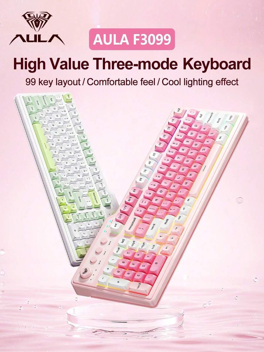 AULA F3099 Wireless Keyboard Rechargeable Mechanical Feel Gaming Keyboard RGB Backlight with Rotary Button Original AULA Bluetooth Keyboard For PC Desktop Game Office Laptop
