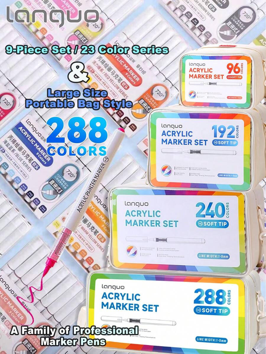 9-Color Set, New 288-Color Professional Set, 207-Color Direct Liquid Acrylic Paint Markers, Soft Tip Large Capacity Ink, Uniform Color, Odorless, Opaque, Suitable For Stone, Glass, Ceramic, Easter Eggs, Metal, Woodcraft Stationery, Student Watercolor Pens, Dual-Tip Oil-Based Markers For Art Students, Paintbrushes For Elementary School Drawing Books, DIY Creation, Suitable For School Art Supplies, Back-To-School Essential