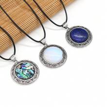 38x42mm Natural Crystal Agate Semi-Precious Stone Round Pendant, Gemstone Inlaid Alloy Abalone Shell Necklace - Water Drop Natural Stone Pendant - View 4