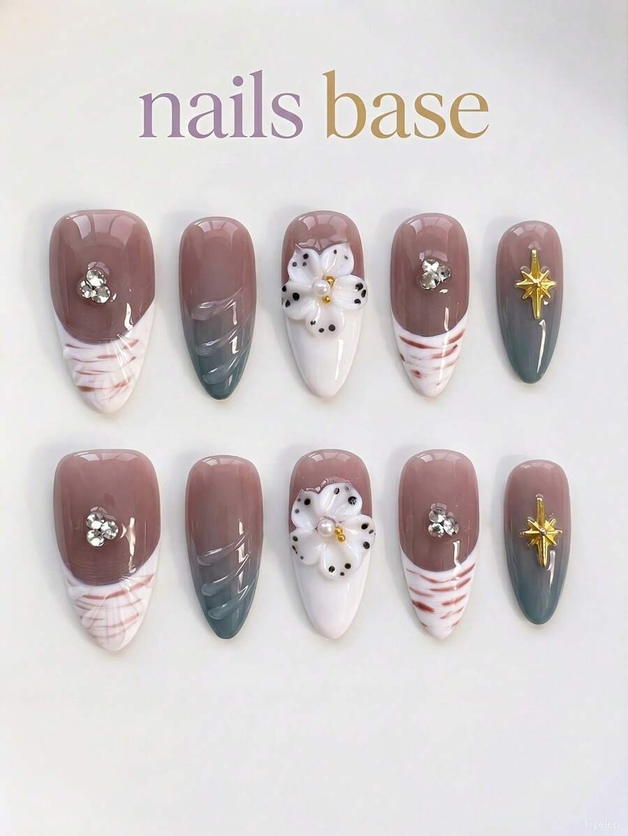 NAILS BASE 10件/組 粉色杏仁形長款法式漸層漸變假指甲,附玫瑰紅花朵,杏仁形甲片,適合辦公場合的中性華麗風,日式手工 P - 彩色 - 查看 1