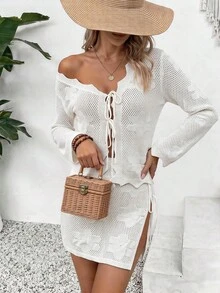 Bộ đồ nữ thanh lịch mùa xuân/hè cơ bản, thoải mái hàng ngày/cuối tuần/kỳ nghỉ/du lịch biển, màu trơn, gồm áo dệt kim khoét lỗ phía trước, cổ chữ V buộc dây, tay dài và chân váy xẻ tà buộc dây, màu trắng. - trắng - Xem 6