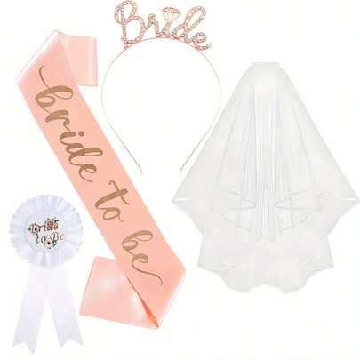 Bộ 4 món gồm băng đô cô dâu, dây đeo vai, khăn voan cô dâu, huy hiệu, khăn choàng cổ cô dâu, phụ kiện tiệc cưới, đồ dùng cho đám cưới, tiệc tùng.