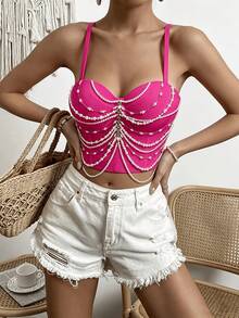 Top Bustier Sexy com Design de Corrente de Pérolas e Borla, Estilo Único de Nicho para Festival de Música, Camisole Casual de Verão para Mulheres - Pink - Visão 1