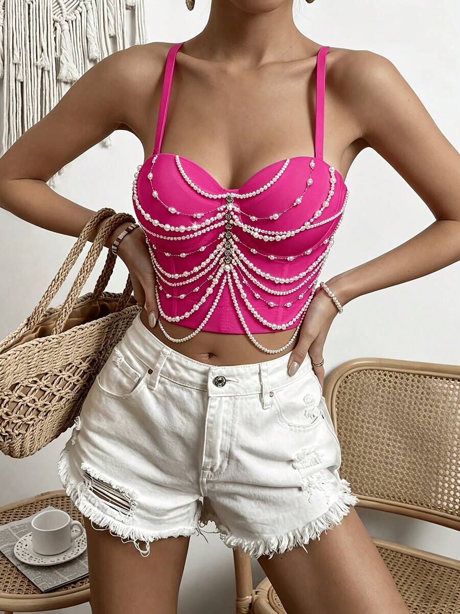 Top Bustier Sexy com Design de Corrente de Pérolas e Borla, Estilo Único de Nicho para Festival de Música, Camisole Casual de Verão para Mulheres - Pink - Visão 1