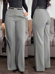 Pantalones rectos de tela de traje con bolsillo con cremallera de unicolor Jessfin, sin cintura, elegantes para la oficina, casuales y versátiles, para primavera/verano - Gris - Ver 7