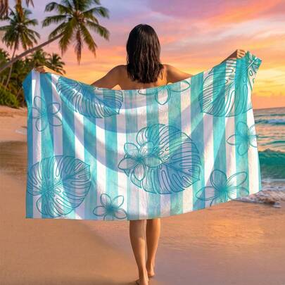 1pc Tropical Leaf & Hibiscus Print Beach Towel, Suitable For Travel, Outdoor Camping, Beach, Swimming, Beach Vacation