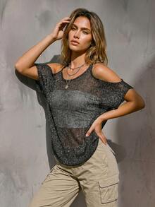 女士斜领不对称肩部性感百搭银黑色针织薄纱套头毛衣，适合日常穿着、约会、度假、春夏穿着。 - 黑色 - 查看 2