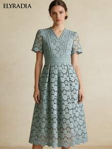 ELYRADIA Vestido midi elegante y casual con cuello en V de encaje, de manga corta, con temperamento elegante, adecuado para ocasiones formales y fiestas - verde menta - Ver 6