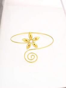 18K Gold/Silver Plated Floral Swirl Open Cuff Bracelet (With Pearl Accents), Bohemian Style Resort Stainless Steel Waterproof Ocean Theme Arm Cuff (2 Colors Available) For Women - Gold - View 3