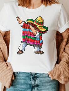 Unisex Size. Women's Plus Size Summer Cotton T-Shirt. Wide Brim Hat, Oversized Scarf,  Mexican Letter Print T-Shirt, Casual Short-Sleeved Crew Neck Top For Summer And Spring, Women's Clothing. Sweat-Absorbing, Soft, And Skin-Friendly Material. - 白色 - 查看 6