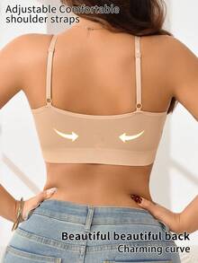 1pc Women's Wireless Sports Bra, Soft & Breathable, Adjustable Spaghetti Straps | Removable Pads | High Elasticity, Strong Support, Suitable For Sports & Daily Wear - Apricot - View 2