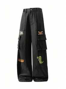 黑色工装裤，美国涂鸦印花，大口袋，直筒裤型，休闲宽松牛仔裤，适合青少年、学生和儿童。 - 黑色 - 查看 3