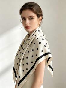 波点真丝优雅办公休闲配饰，高档缎面卷边，米色和黑色 - 白色 - 查看 2