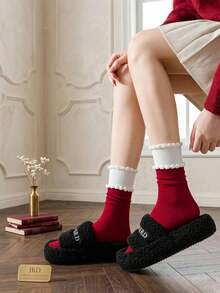 1/3 Pair Black Ribbed Contrast Mid-Calf Socks, Versatile Ballet Style Fuzzy Socks For Spring & Autumn - Multicolor - View 5
