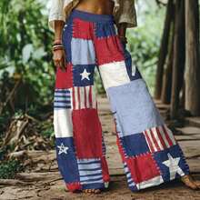 2026 Spring Summer New Arrival Bohemian Women's Pants - White Lemon Hummingbird Plant Print High Waist Wide Leg Woven Pants - Đỏ - Xem 1