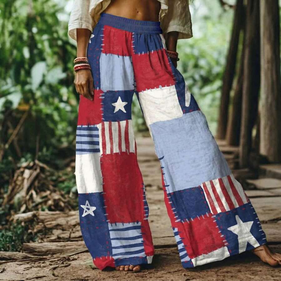 2026 Spring Summer New Arrival Bohemian Women's Pants - White Lemon Hummingbird Plant Print High Waist Wide Leg Woven Pants - Đỏ - Xem 1