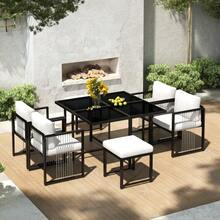 7-Piece Outdoor Dining Table And Chair Set For 6 People, Tempered Glass Table, Suitable For Backyard Meals Or Garden Patio Dining - 黑白 - 查看 1