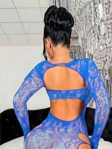 Lencería sexy para mujer Bodystockings, lencería de una pieza de red transparente, medias sexy para noche de bodas, San Valentín - Azul - Ver 5