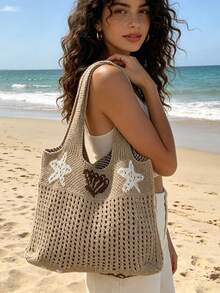 New Starfish & Shell Design Large Capacity Shoulder Tote Bag, Women Knitted Hollow Out Handbag - A - View 2