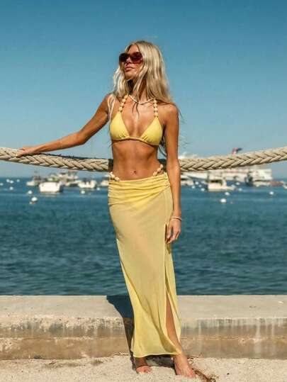 HaiiMeid Bộ 3 món phong cách Bohemian dành cho nữ, gồm áo bikini dây buộc cổ hở lưng đính hạt và chân váy xẻ tà hơi xuyên thấu, đồ bơi thời trang đi biển mùa hè.