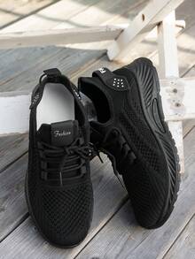 Breathable Mesh Sneakers] Lightweight Breathable Mesh Sneakers - Non-Slip EVA Sole, Comfortable Ankle Support, Lace-Up Low-Top Running & Tennis Shoes For Men And Women, Retro Style, All-Season Wear, Fitness Wear - 黑 - 查看 2