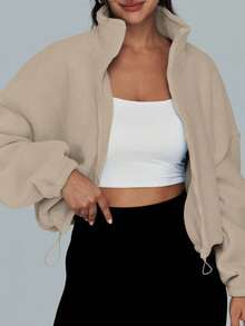 Chaqueta deportiva corta para mujer con cuello de forro polar, cremallera y cordón ajustable, de color liso, adecuada para deportes al aire libre y fitness, y para uso diario informal en otoño e invierno. - Caqui - Ver 4