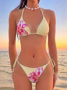 New Arrival Sexy Floral Print V-Neck Crop Top And Shorts Set, 4-Piece Summer Coordinated Outfit Vacation - Yellow - View 2