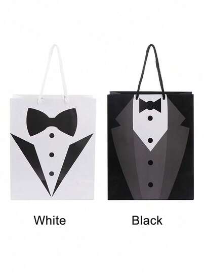 1/5pcs Groomsman Gift Bags With Handles, Size 9"X7.5"X3.5", Black Bowtie Tuxedo Pattern Kraft Paper Gift Bags, Suitable For Proposal, Anniversary, Father's Day, Valentine's Day And Engagement Party Decoration