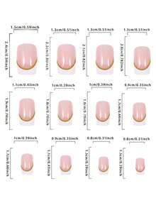 24pcs White French Short Fake Nails With Gold Line Design, Square Acrylic False Nails, Suitable For Women's Daily Wear - Multicolor - View 7